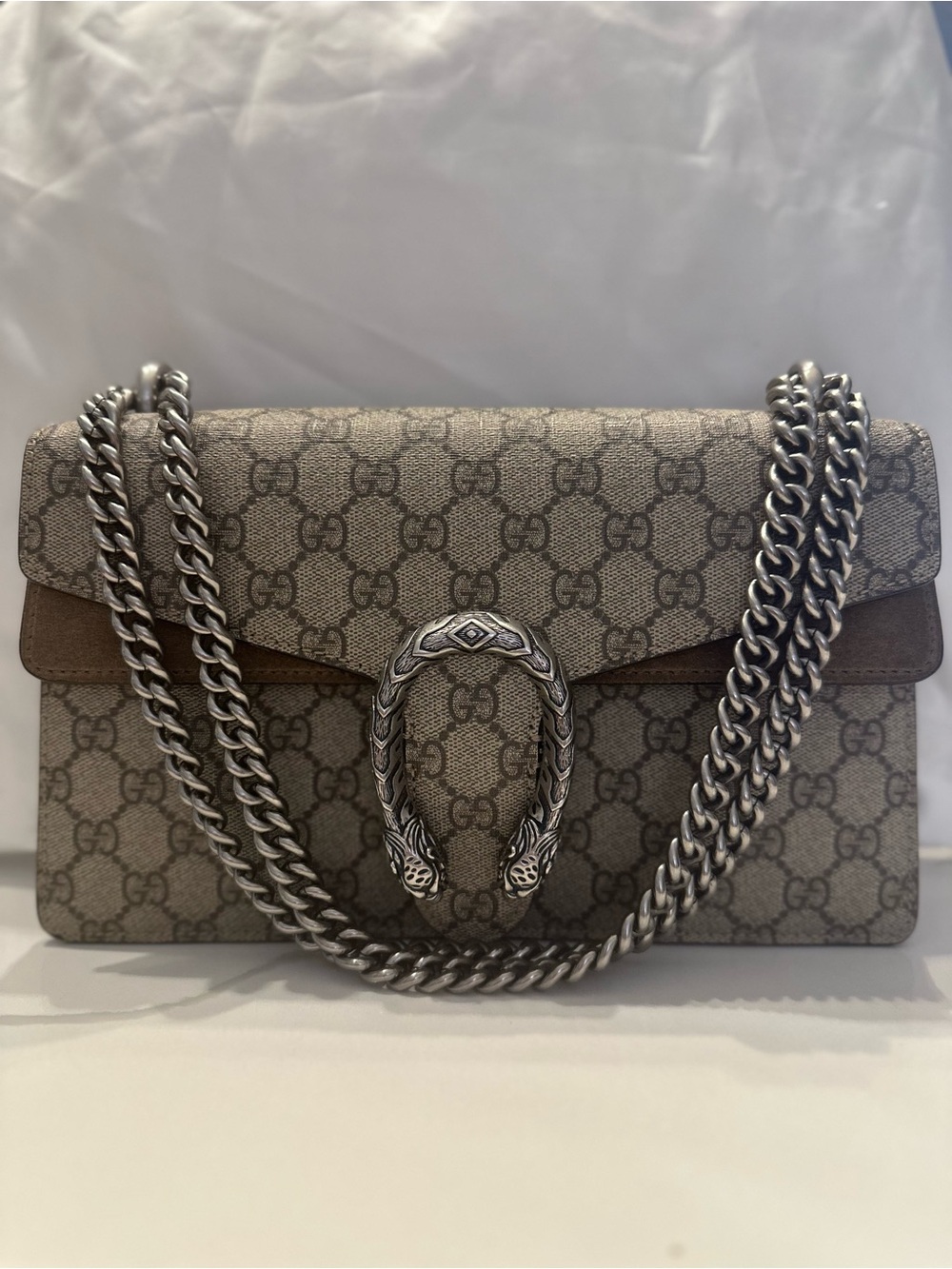 Gucci Beige & Brown Dionysus GG Supreme Shoulder Bag with Silver Hardware